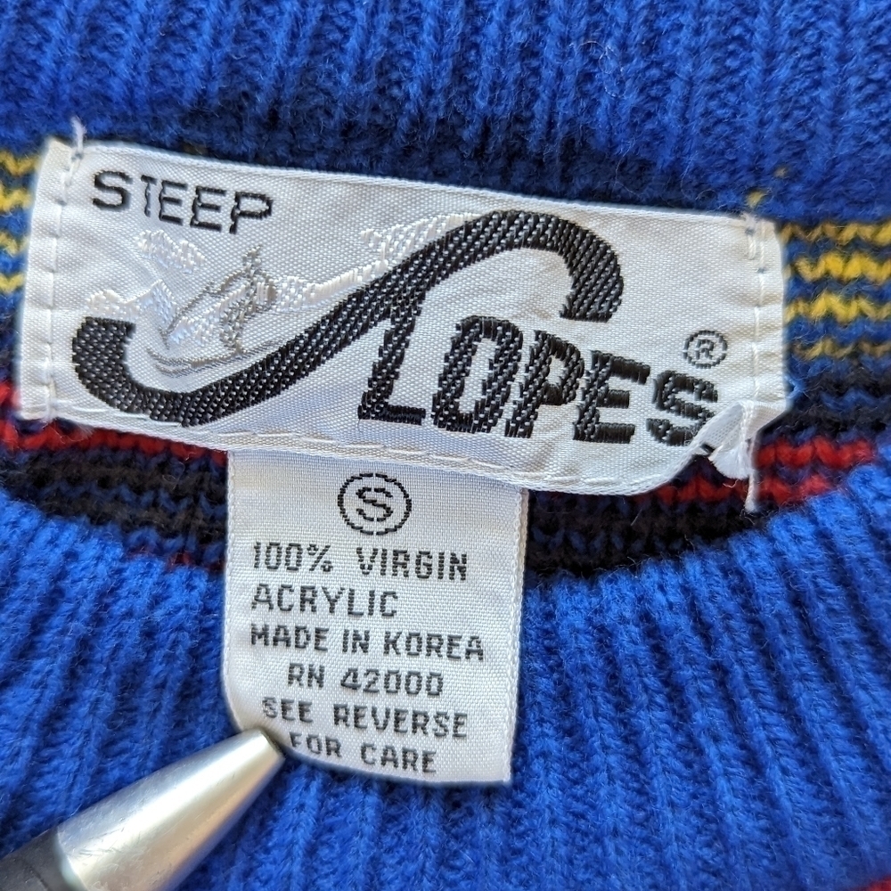 Vintage 90s Nordic Geometric Ski Sweater Blue Colorful Cabin Grandpa Knit S - Picture 4 of 8